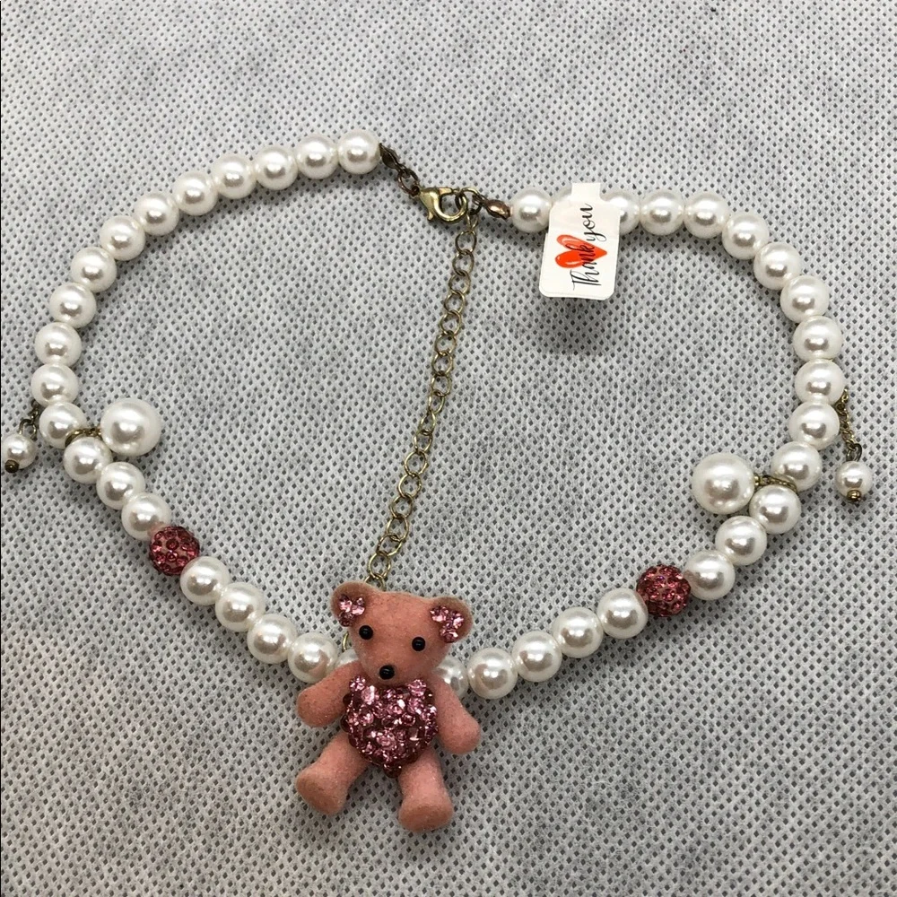 Kids Pearl Necklace with Pink Teddy Charm - Brand: